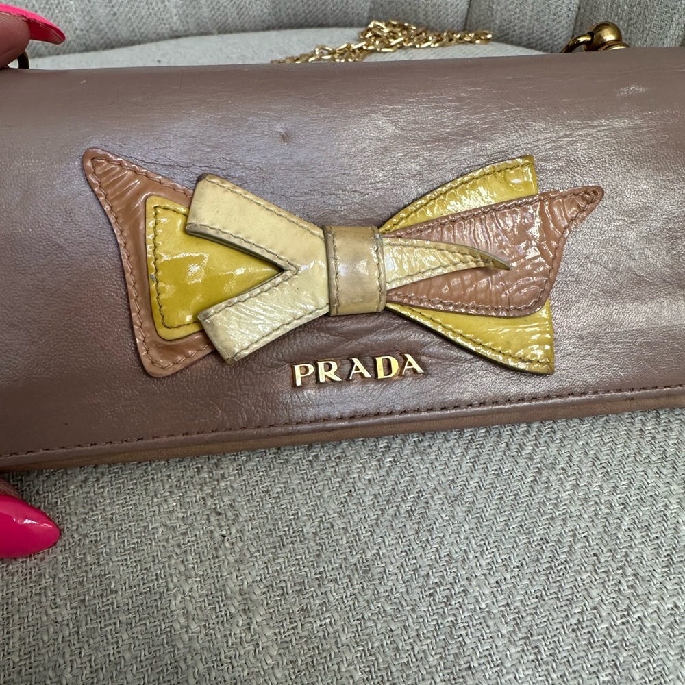 PRADA Ribbon Bow Beige Leather Wallet on Chain
